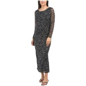 Rachel Zoe Black and White Dot Print Long Sleeve Ruched Mesh Midi Dress M